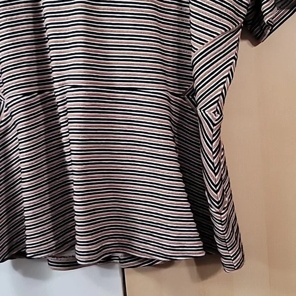 Woman's Talbots 1X Short Sleeve Top, Zipper in Back, Preloved Tan Black pinstrip - Picture 3 of 13